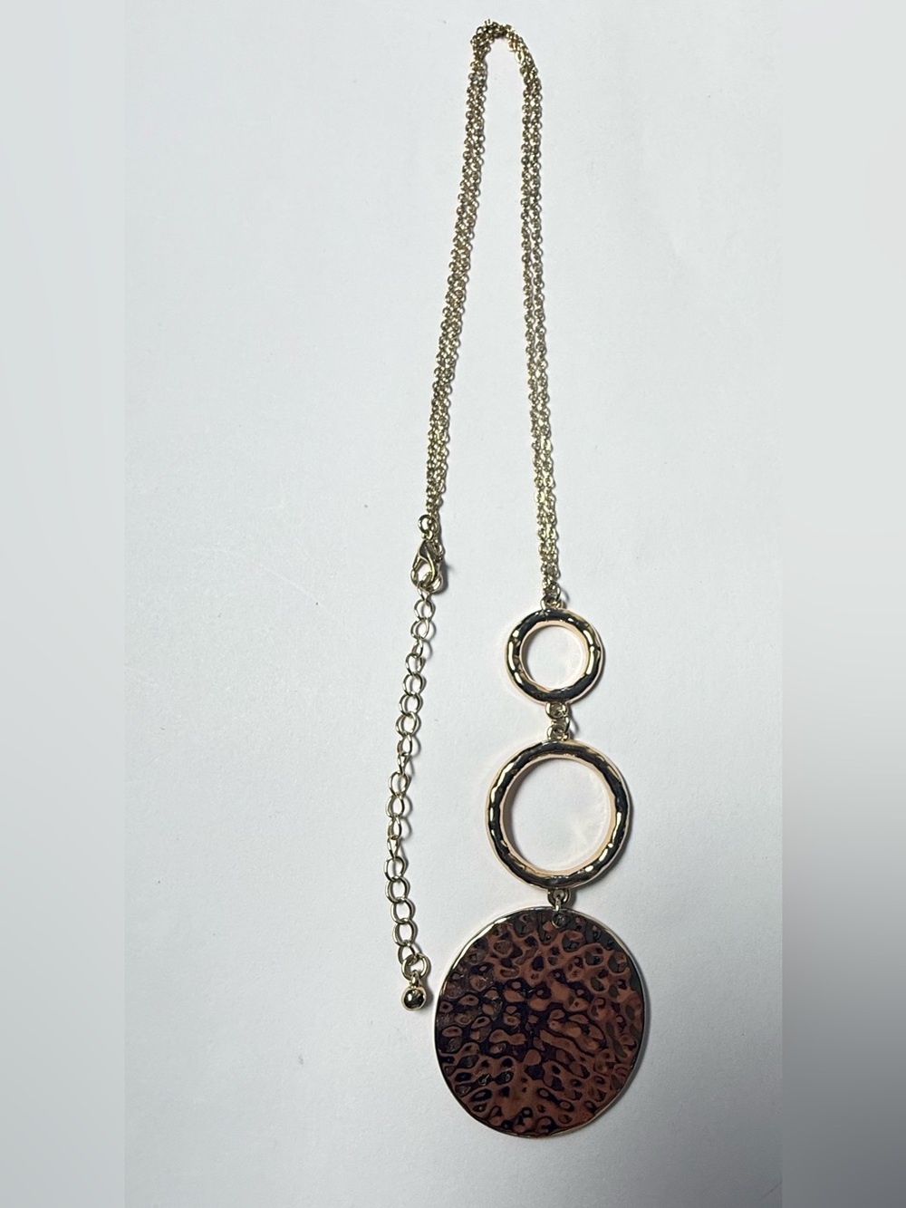 Long Gold Tone Hammered Circle Pendant Necklace 26” Statement